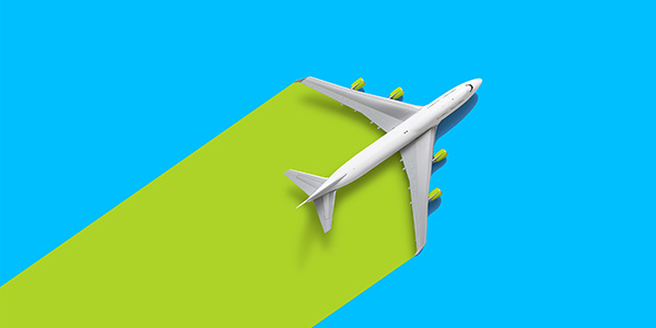 Illiustration of an aeroplane against blue and green background